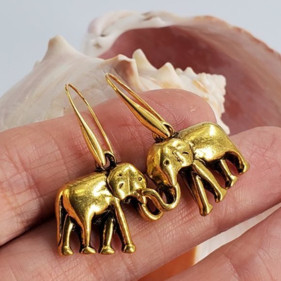 Anthropologie Jewelry Gold Earrings Elephant Head Animal Tropical Boho - Picture 2 of 4